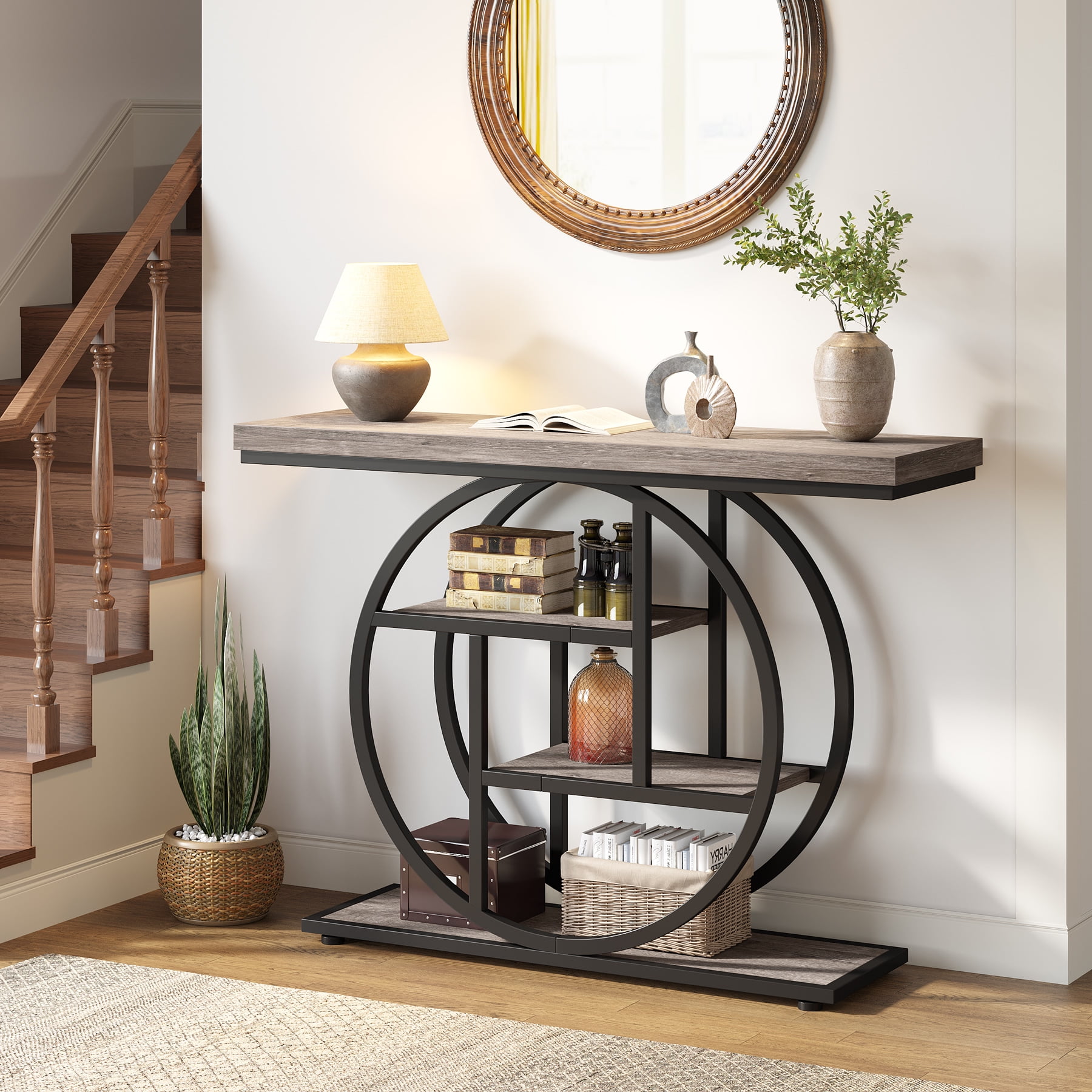 Fnova Console Table, Entryway Table with 4-Tier Storage Shelves, 42" Wood Modern Narrow Long Side Table, , Sofa Table, Accent Table for Living Room, Entryway, Hallway, Gray and Black