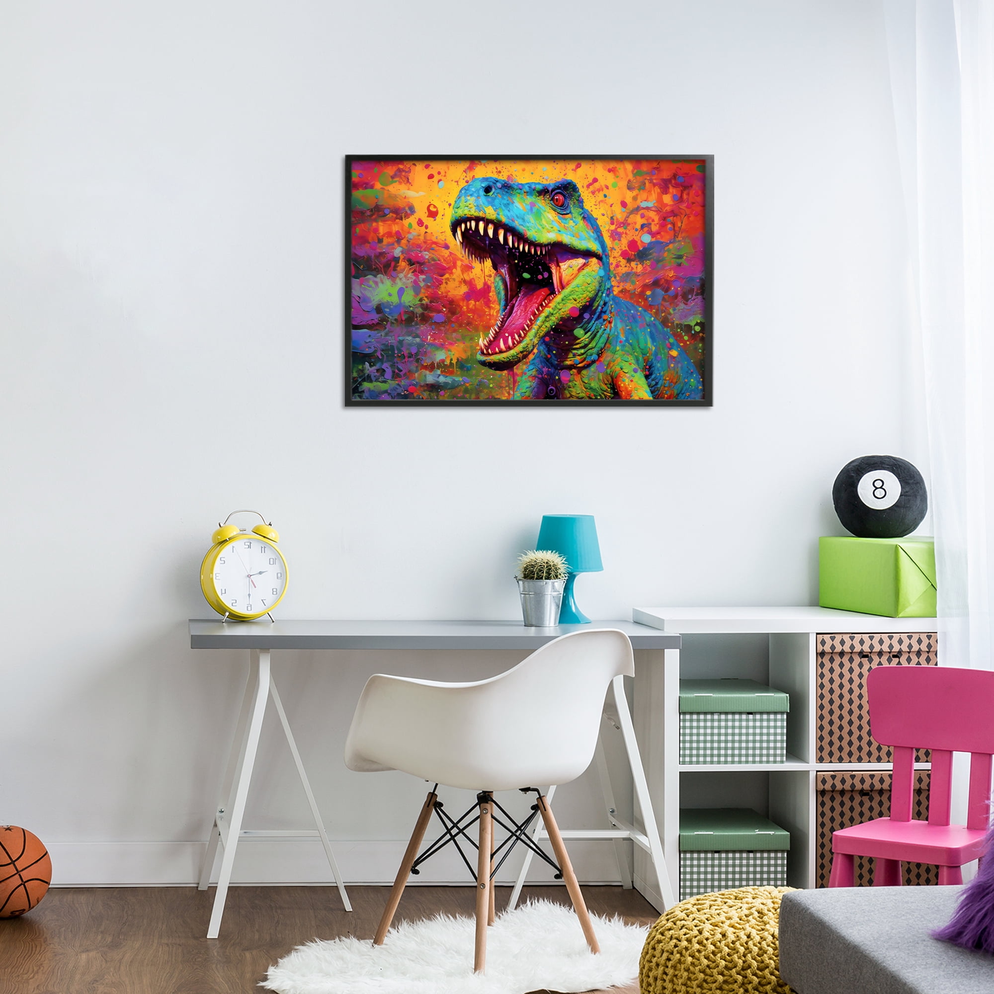 Stupell Industries Colorful T-Rex with Splatter Black Framed Giclee Art, design by Creative Studio