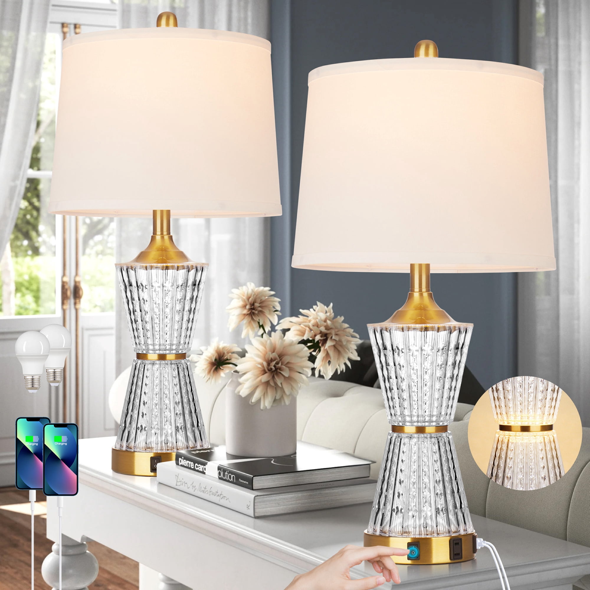 Cinkeda Gold Acrylic Night-light Table Lamp 2in1 with 2 USB Charging Ports An AC Outlet Rotary Switch & Rocker Switch (Set of 2)