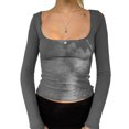 thumbnail image 1 of Camiseta Mujer Camiseta de mujer Top con ribete de encaje Cuello en U Jersey de manga larga Camisetas ajustadas (Gris L) Cgtredaw Para estrenar, 1 of 1