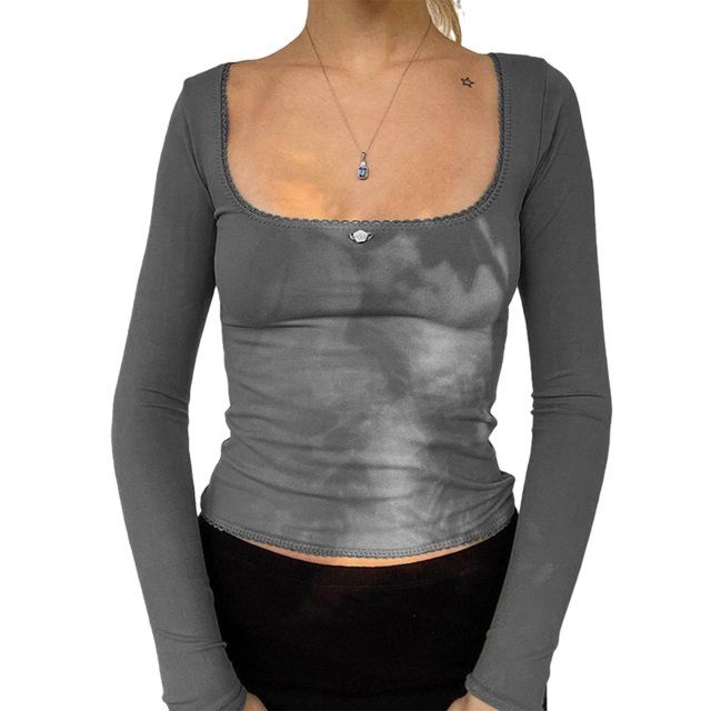 Camiseta Mujer Camiseta de mujer Top con ribete de encaje Cuello en U Jersey de manga larga Camisetas ajustadas (Gris L) Cgtredaw Para estrenar