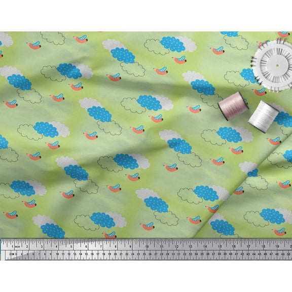 Soimoi Green Cotton Duck Fabric Clouds & Bird Print Fabric by Yard 44 Inch Wide