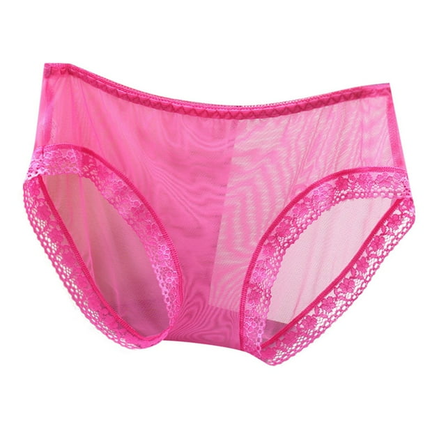 AWZXDE Ladies Underwear Panties Lace Edge Fully Transparent Mesh Low Waist Plus Size Thin Rear Lifting Triangle Hot Pink,L