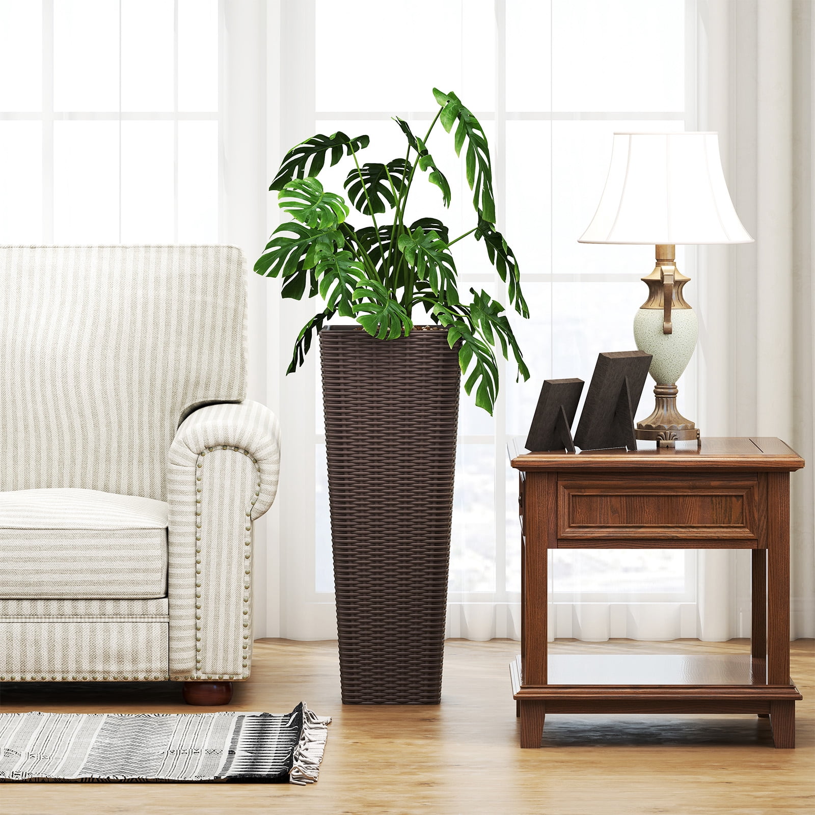 Patiojoy Set of 2 Planters for Outdoor Plants Tall Tapered Plants w/Inner Trays Drainage Holes Coffee