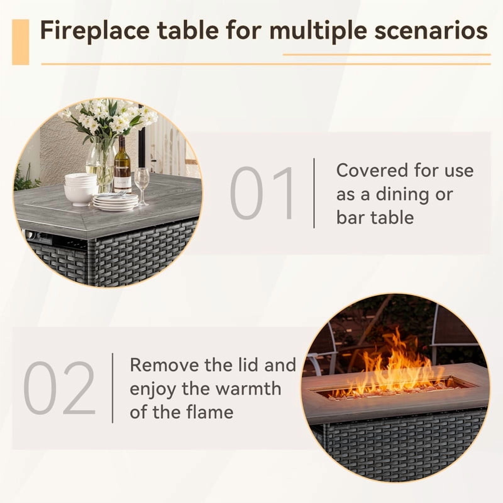 4 Piece Patio Furniture Set with 41" Fire Pit Table, Outdoor All Weather Wicker Rattan Furniture with Swivel Rocking Chairs and 3-Seat Sofa for Backyard Balcony Deck, Blue/Gray