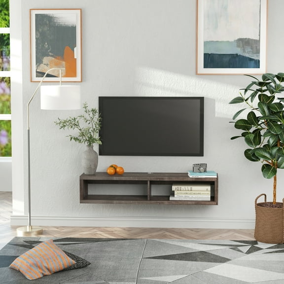 HOMCOM Wall Mounted Media Console Floating Storage for Living Room, Dark Grey