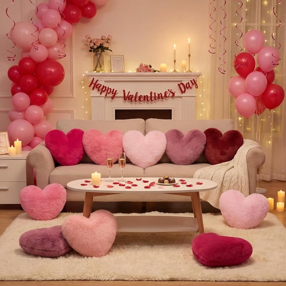 9 Pcs Pink Series Heart Throw Pillows Faux Rabbit Fur Fluffy Decorative Cushions for Sofa Bed Living Room Gift Set