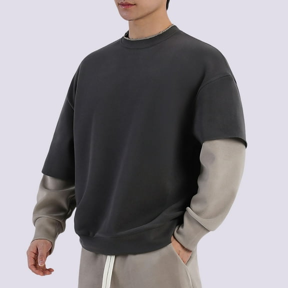 DAFPZW Men's 2025 Spring Winter Long Sleeve Shirt Casual Round Neck Loose Basic Shirts Trendy Patchwork Color Block Blouse