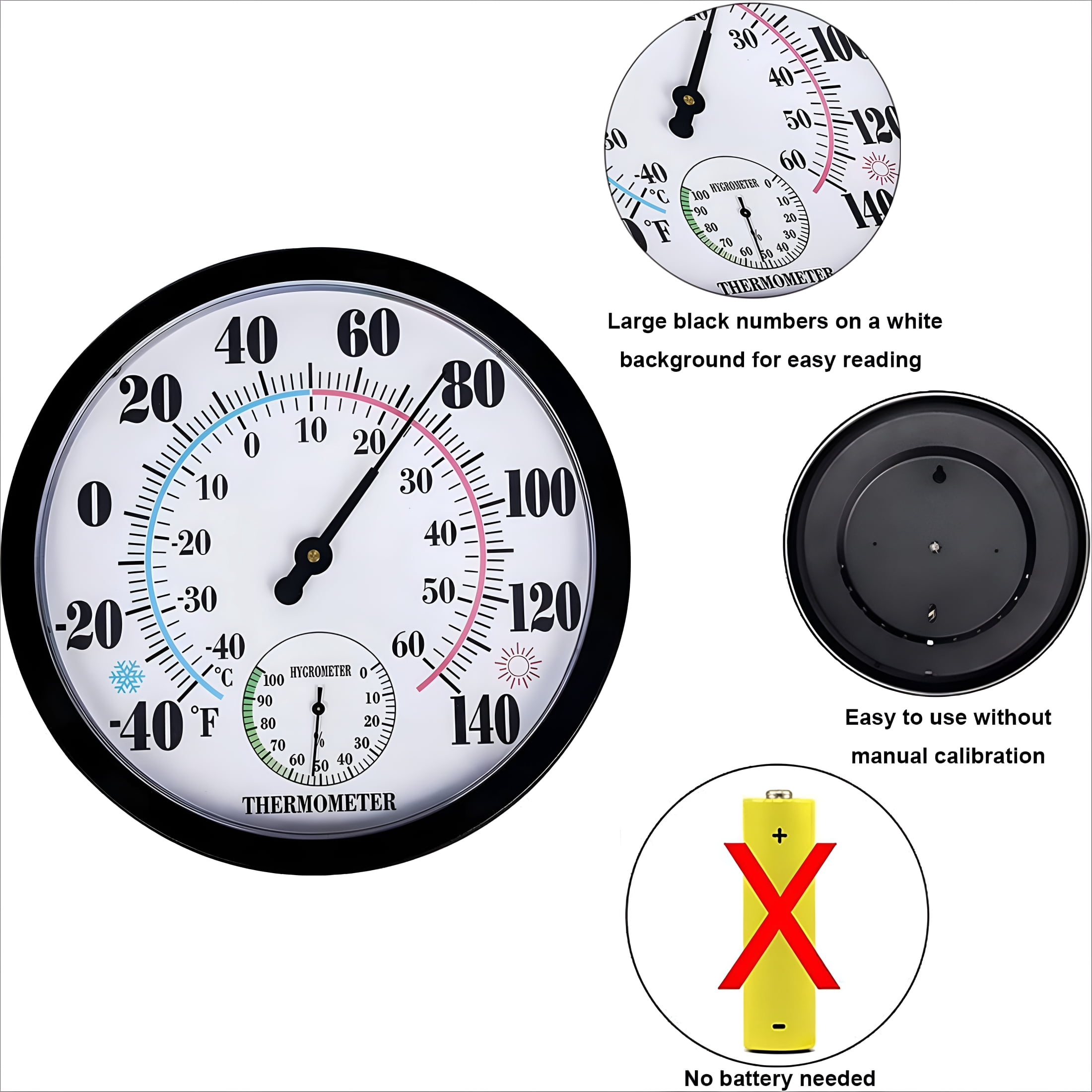 GJX Large Indoor and Outdoor Thermometer Hygrometer - 10In Waterproof Wall Mounted Thermometer, No Batteries Required (Black)