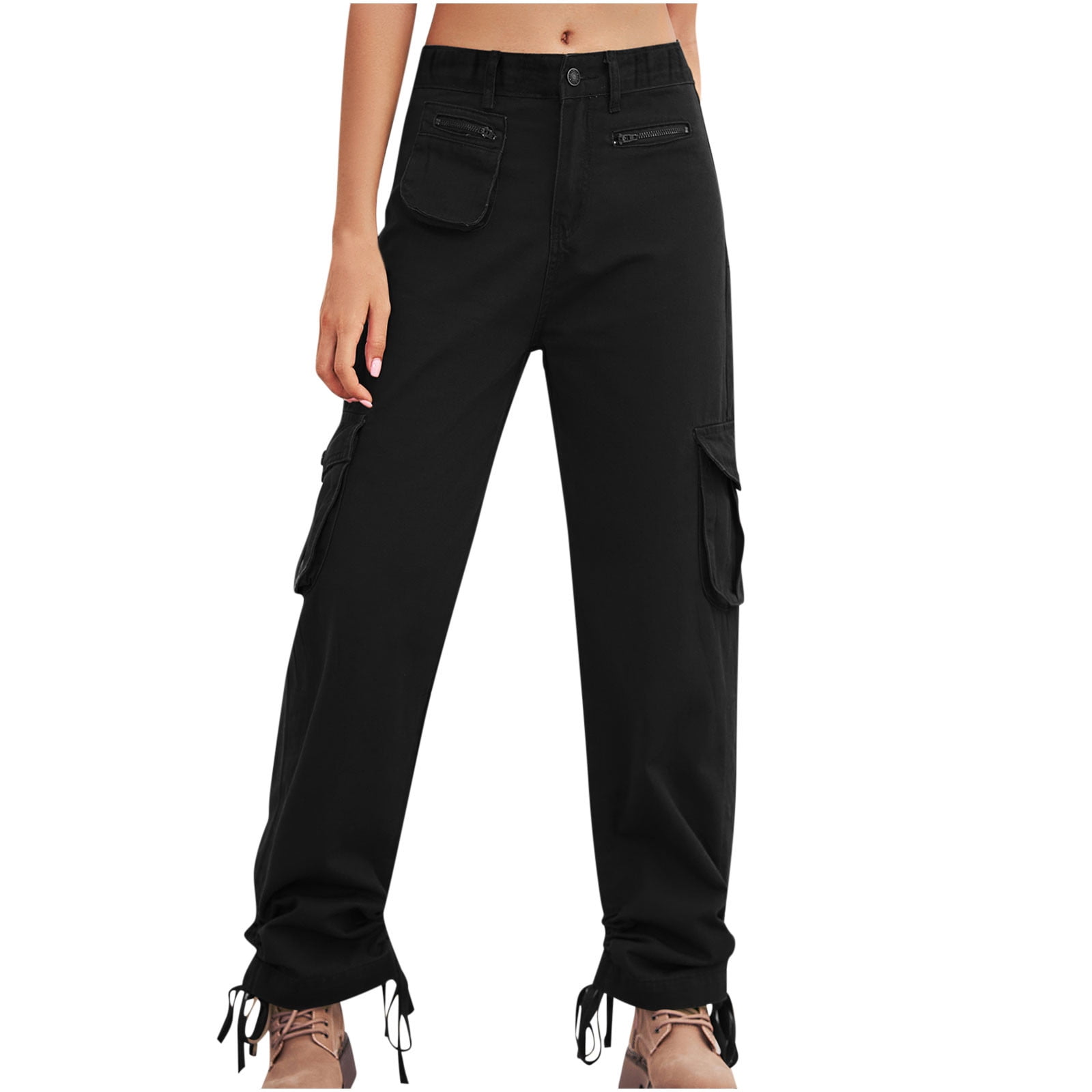 Womens Casual Cargo Pants with Zipper Pockets Regular Waist Ankle  Drawstring Denim Pants Straight Leg Loose Pants Spring and Summer(M,Black)  