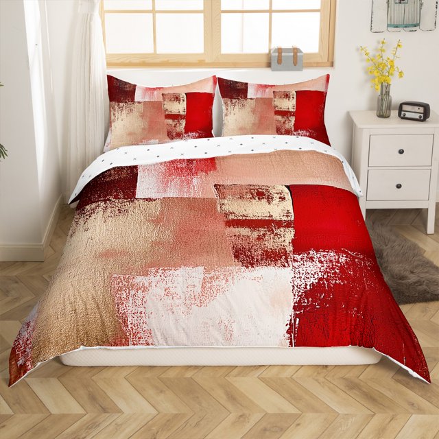 Erosebridal Housse de Couette Géométrique Rouge Double, Housse de Couette Mode Moderne Double, Literie Réversible Ombrée Abstraite Taille Double, Décoration de Chambre Ultra Douce, 3 Pcs(Sans Couette)