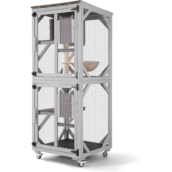 MEDEHOO Catio Outdoor Cat Enclosure Mobile Cat House Indoor On Wheels with Scratch Post, Hammock, Resting Box, Platform, Tarp Roof 62.8", Grey