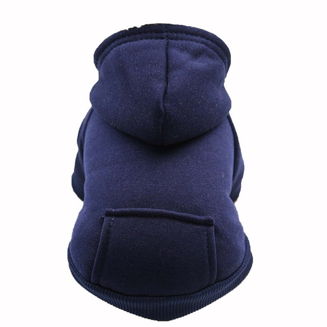 Polyester hoodied sweatshirts with pocket for dogs, shown in a dark navy color. This pet sweatshirt features a slim fit, a hood, and a functional pocket on the back. Made from durable and comfortable polyester material, ideal for keeping pets warm and stylish. Available in sizes XS to XXL, suitable for various dog breeds.