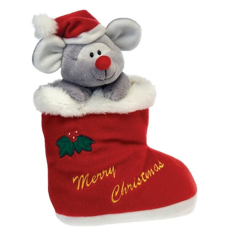Fiesta Christmas Mouse in Stocking 10.5" Plush Animal, Red Grey