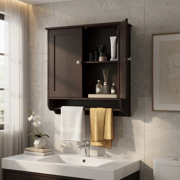 Resenkos Wall Mounted Bathroom Storage Medicine Cabinet with Towel Bar-Brown, Wall Cabinet for Bathroom Laundry Room Kitchen