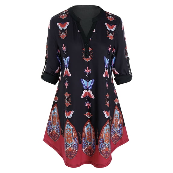 Rosegal Women's Plus Size Butterfly Tribal Print Roll Up Sleeve Blouse