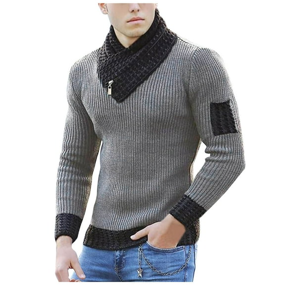 ZUKMRJPC Men's Shawl Collar Pullover Sweater Long Sleeve Patchwork Slim Fit Chunky Knit Turtleneck Sweater Trendy Winter Warm Tops