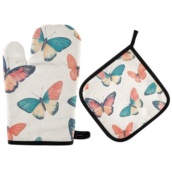 Yayeee Oven Mitts and Pot Holder Set of 2 Heat Resistant Kitchen Gloves Baking Hot Pad, Colorful Butterflies