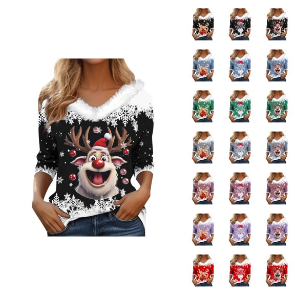 Christmas Long Sleeve Shirts for Women 2025 V Neck Trim Festive Graphic T Shirt Family Holiday Xmas Blouse Tops