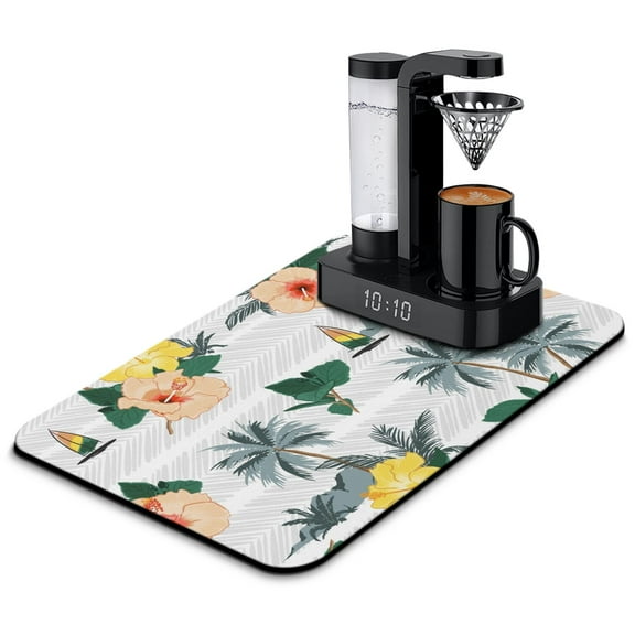 Hawaiian Tropical Island Coffee Maker Mat - 4-Layer Absorbent Non-Slip Mat for Coffee Station, Kitchen Counter & Espresso Machine - Aloha Beach Vacation Design, 15.7 x 23.6 Inch