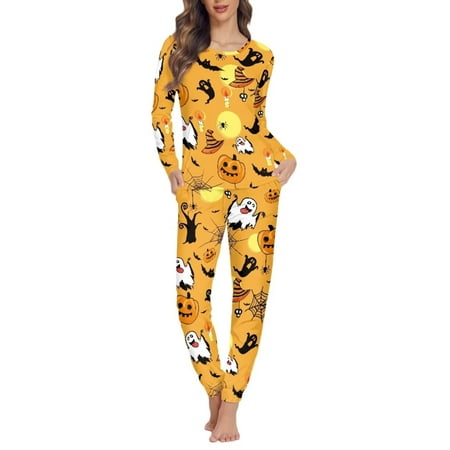 

FKELYI Halloween Pajama Pants with Pockets 2pcs Breathable Pumpkin Ghost Long Sleeve Women Pjs Size L Durable Long Sleeve Pajamas for Girls