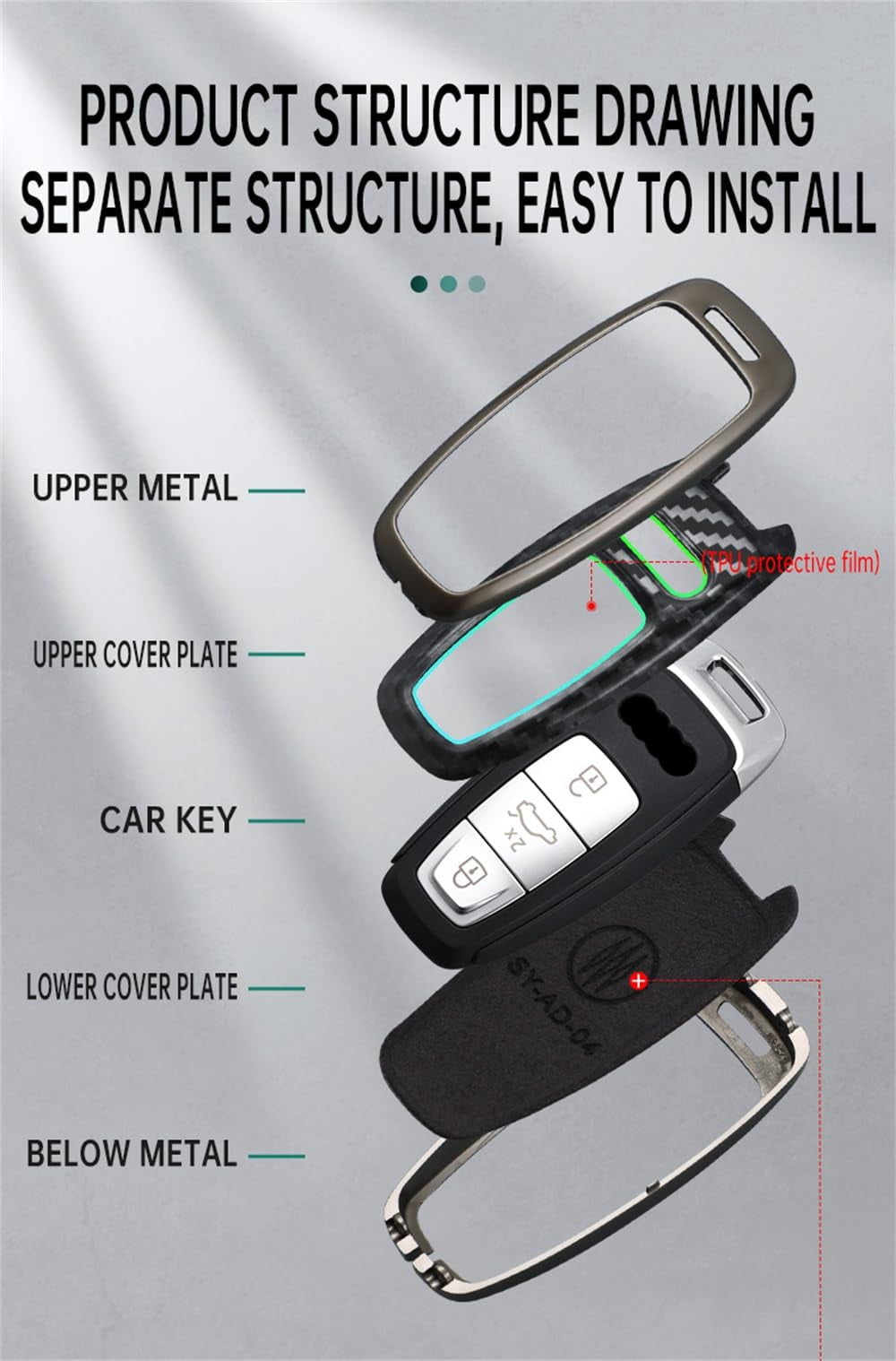 Key Protector Compatible with Audi 2018-up Metal Key Fob Cover for A3 A6 A7 A8 A8L E-Tron Q7 Q8 RS6 RS7 S3 S6 S7 SQ7 SQ8 Smart Remote Key Glove with Carbon Pattern