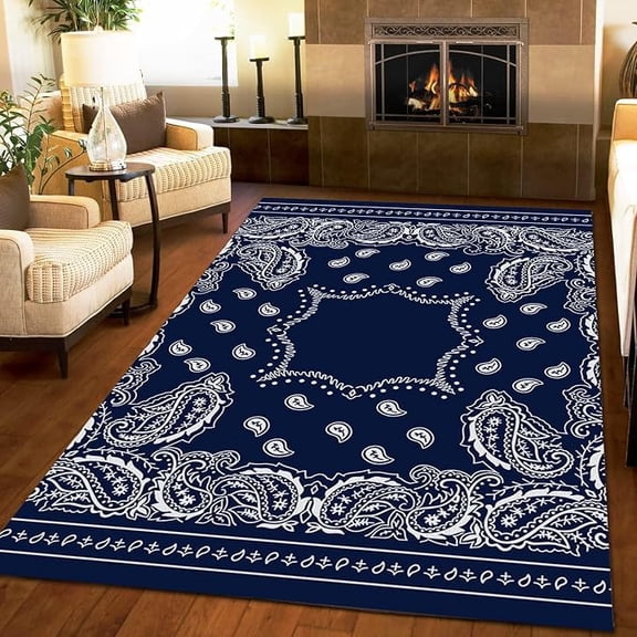Boho Blue Area Rug, Traditional Indoor Non Slip Bedroom Rug, Machine Washable Breathable Durable Carpet for Living Room Kitchen Dining Room Home Office 3 x 5ft