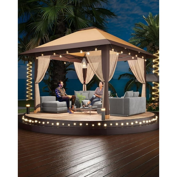 13x13ft Pop Up Gazebo with Mosquito Net & Double Roof, Adjustable Height Pop Up Canopy, UV-Resistant Patio Canopy for Patio Backyard Garden