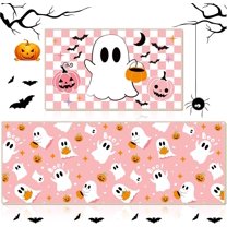 Set of 2 Halloween Ghost Kitchen Mats Pink Ghost Kitchen Mats Cute Halloween Bathroom Rug Non Slip Floor Mat for Kitchen Vintage Farmhouse Mats for Halloween Indoor Outdoor