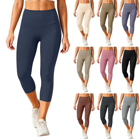 VBVC Women's High Waisted Capri Leggings , Ladies' Tummy Control Yoga Pants , Summer Stretchy Slim Crop Trousers For Women,Navy,S-2XL