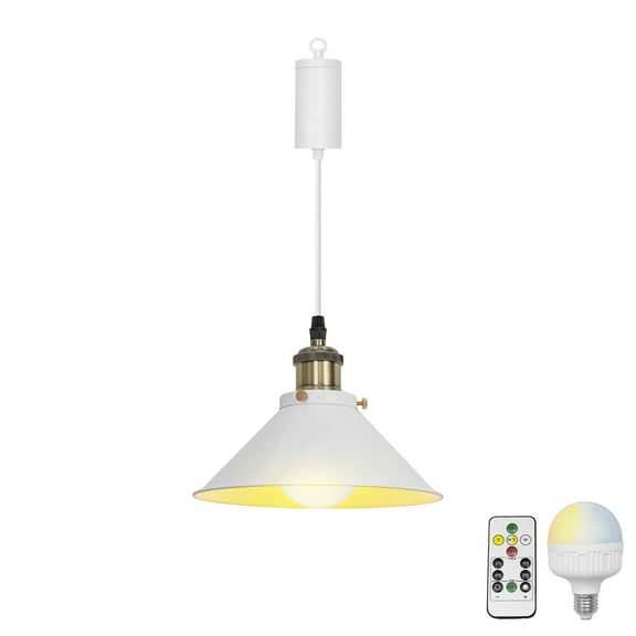 KAYYELAMP Hanging Light Rechargeable Battery LED Bulb Remote Dimmable White Metal Shade 3.2Ft Adjusted Cord Vintage Pendant Light for Home Kitchen Bedside