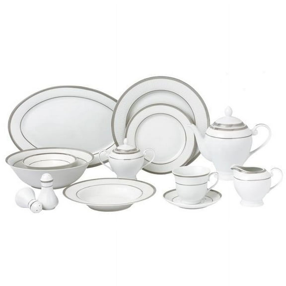 57 Piece Border Porcelain Dinnerware Set, Silver - Service for 8 Ashley