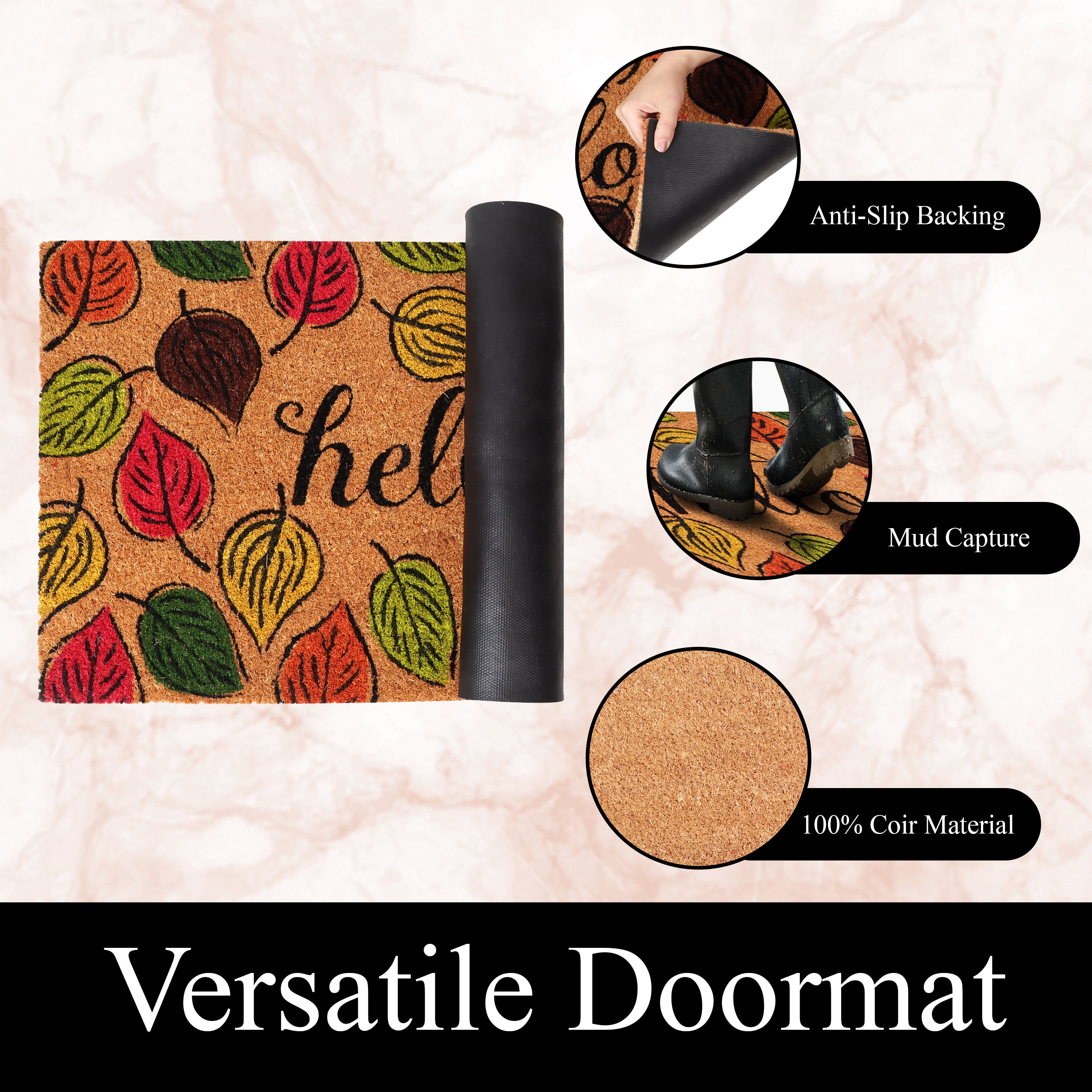 A1HC Natural Coco Coir Doormat, Hello Autumn Leaves, 18"x30", Durable Outdoor Welcome Mat, Non-Slip, Easy to Clean, Pet Friendly