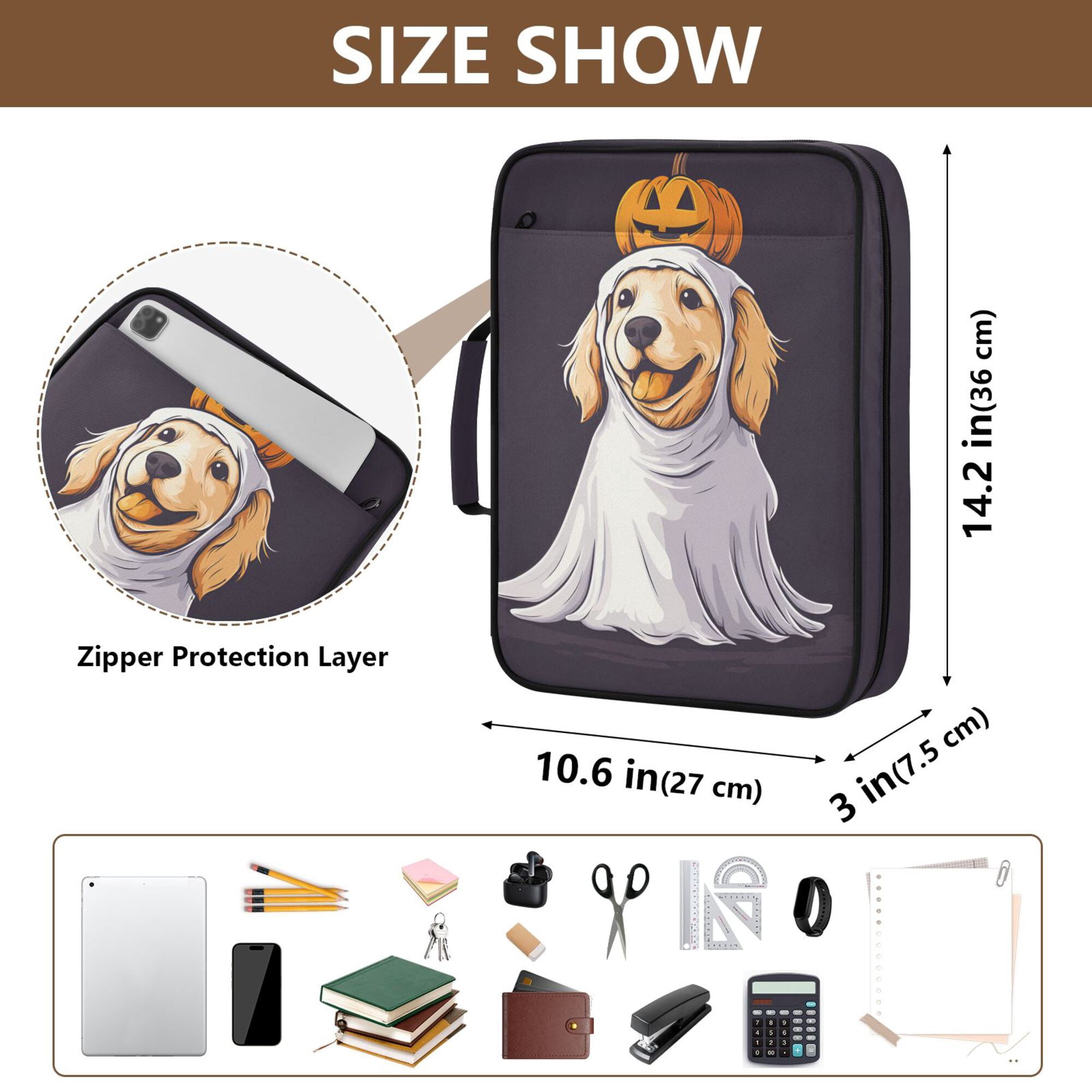 FORMRS Accordion File Folder A4 Size 7-Pocket Expanding Document Organizer Bag with 3 Ring Binder, Yellow Halloween Dog