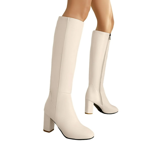 Fall Boots for Women Knee High Leather Pointed Toe Chunky Block High Heel Knee Length Tall Dress Boots Ladies