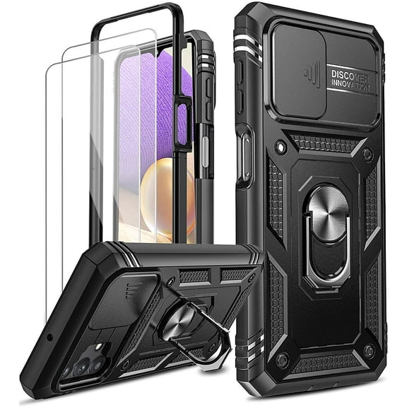 for Samsung Galaxy A32 5G Case: A32 5G Case with Slide Camera Cover   [2 Packs] Tempered Glass Screen Protector, 360 Full Body Military-Grade Case with Kickstand for A32 5G[Not Fit 4G], Black