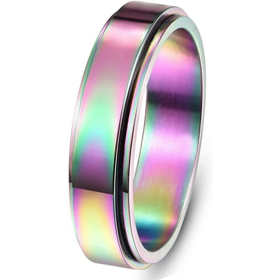 Rainbow Spinner Ring for Men Women Anti-Anxiety Ring Titanium Wedding Band Size 7-11