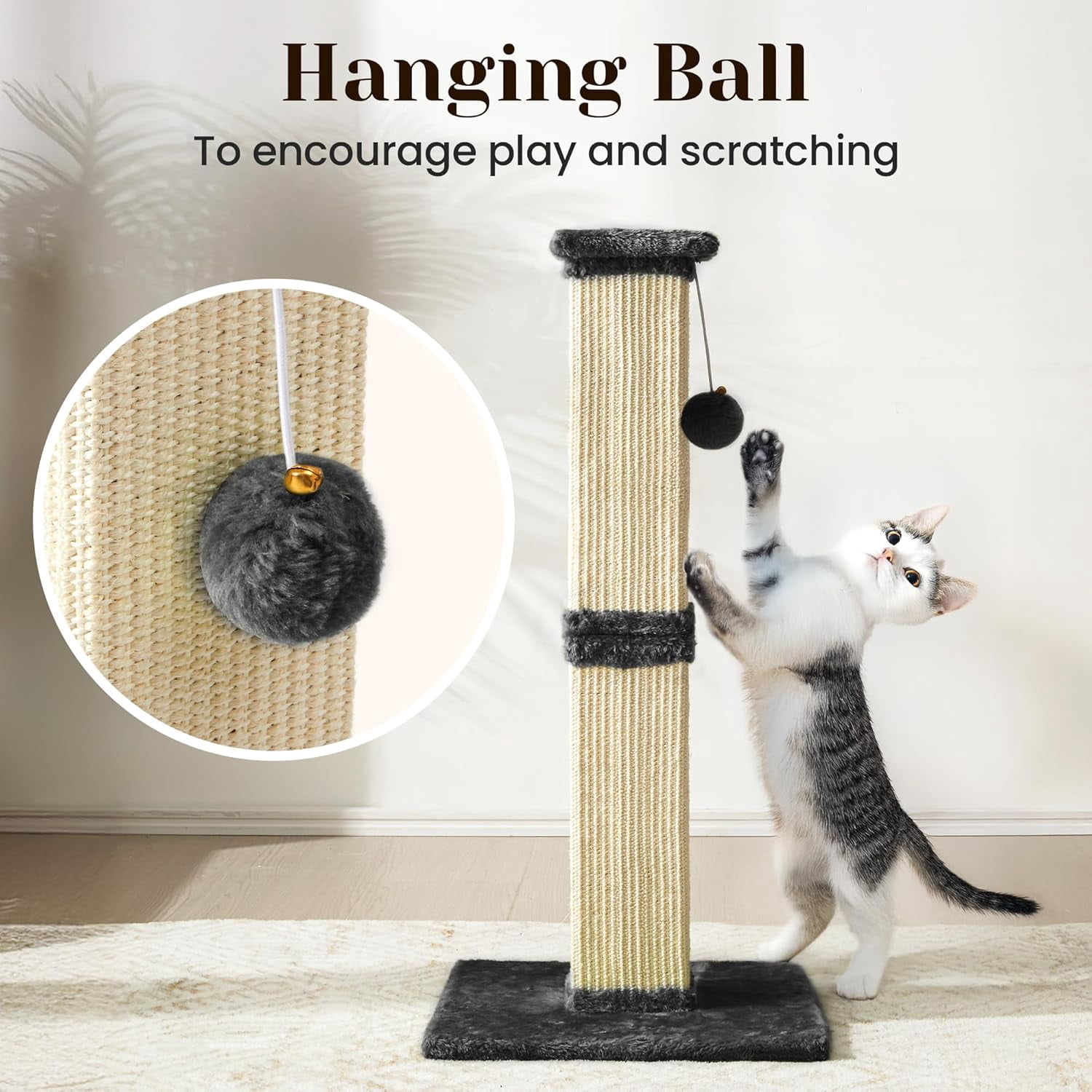 Tall  Scratching Post, 32'' Heavy Duty and Thick Sisal Rope with Hanging Ball for Adult Cats -