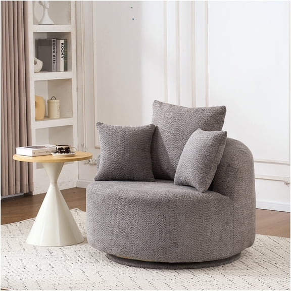 JERFIT Modern Swivel Barrel Chair with Removable Pillows, 360 Degree Rotation Accent Chair for Living Room, Office, Soft Fabric Upholstered Lounge Seat in Gray