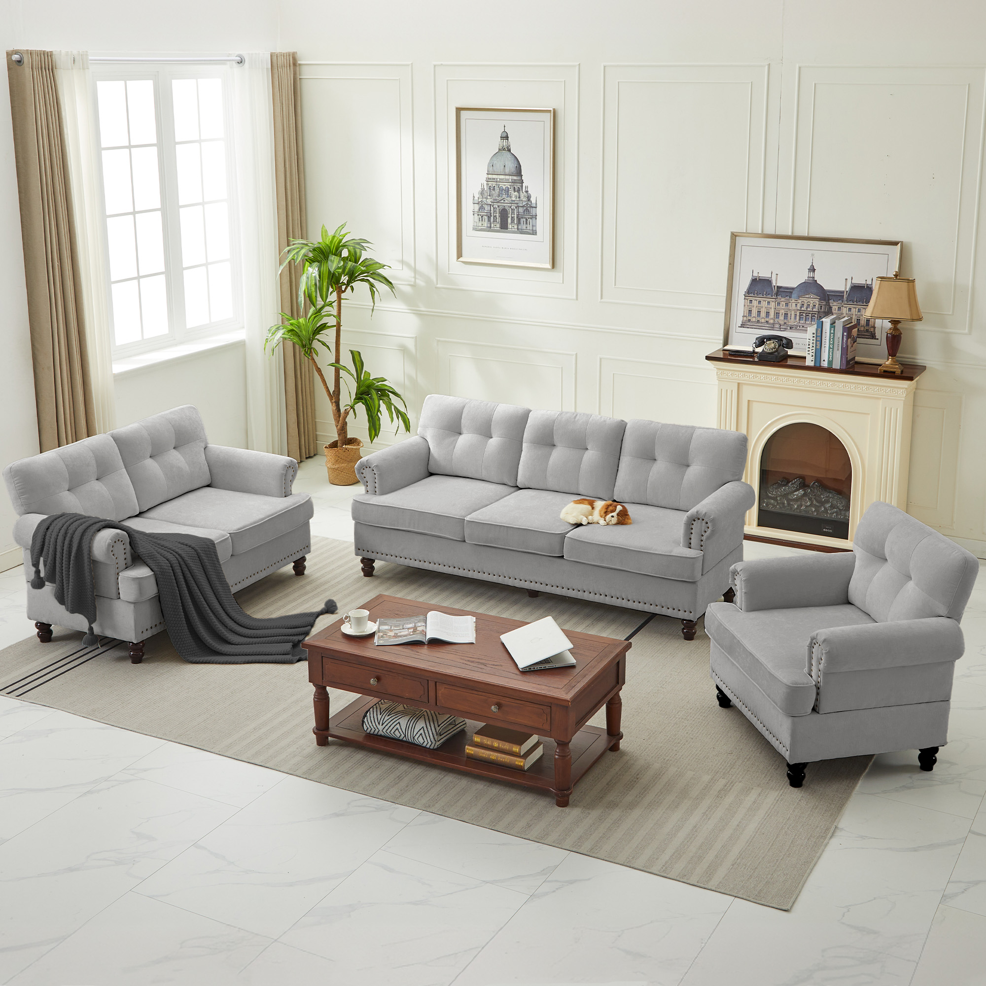 JUSTLET 3 Piece Living Room Sofa Set, Chenille Upholstered Sectional Sofa Couch with Nailhead Trim, Including 3-Seater Sofa, Loveseat and Single Sofa Chair for Apartment Living Room, Light Gray