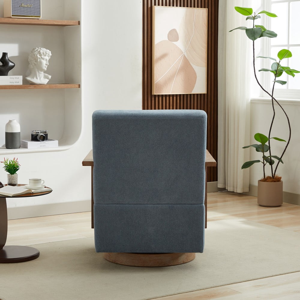 Swivel Accent Chair, 360 Degree Modern Upholstered Lounge Chair with Solid Wood Armrests, Linen Blend Fabric, Comfy Reading Chair for Living Room, Bedroom & Office, Blue