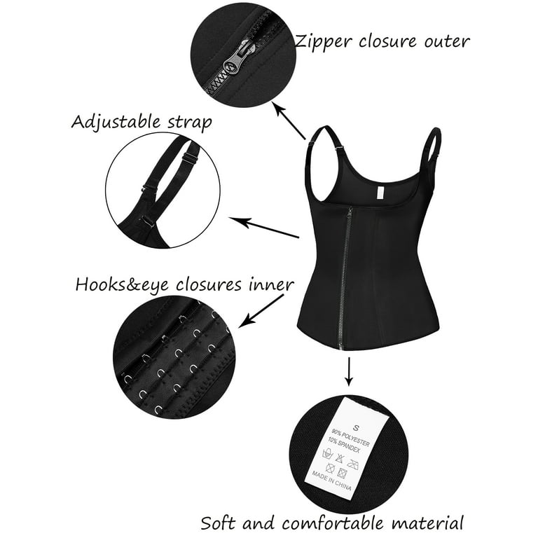 Womens Slim Shaper Waist Trainer Corset Zipper Vest Body Shaper Cincher  Tank Top with Adjustable Straps Black 