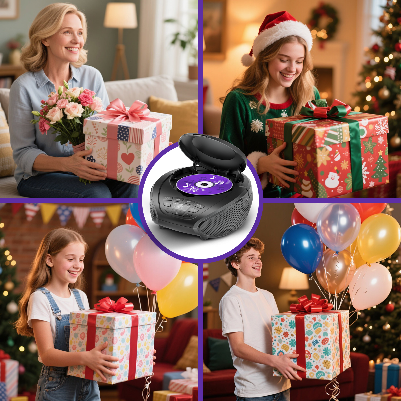Gueray CD Player Portable Boombox: Home Audio CD Players with Speakers FM Radio AUX Input Support Headphones Playlist Mode PROG Playback for Outdoor Indoor