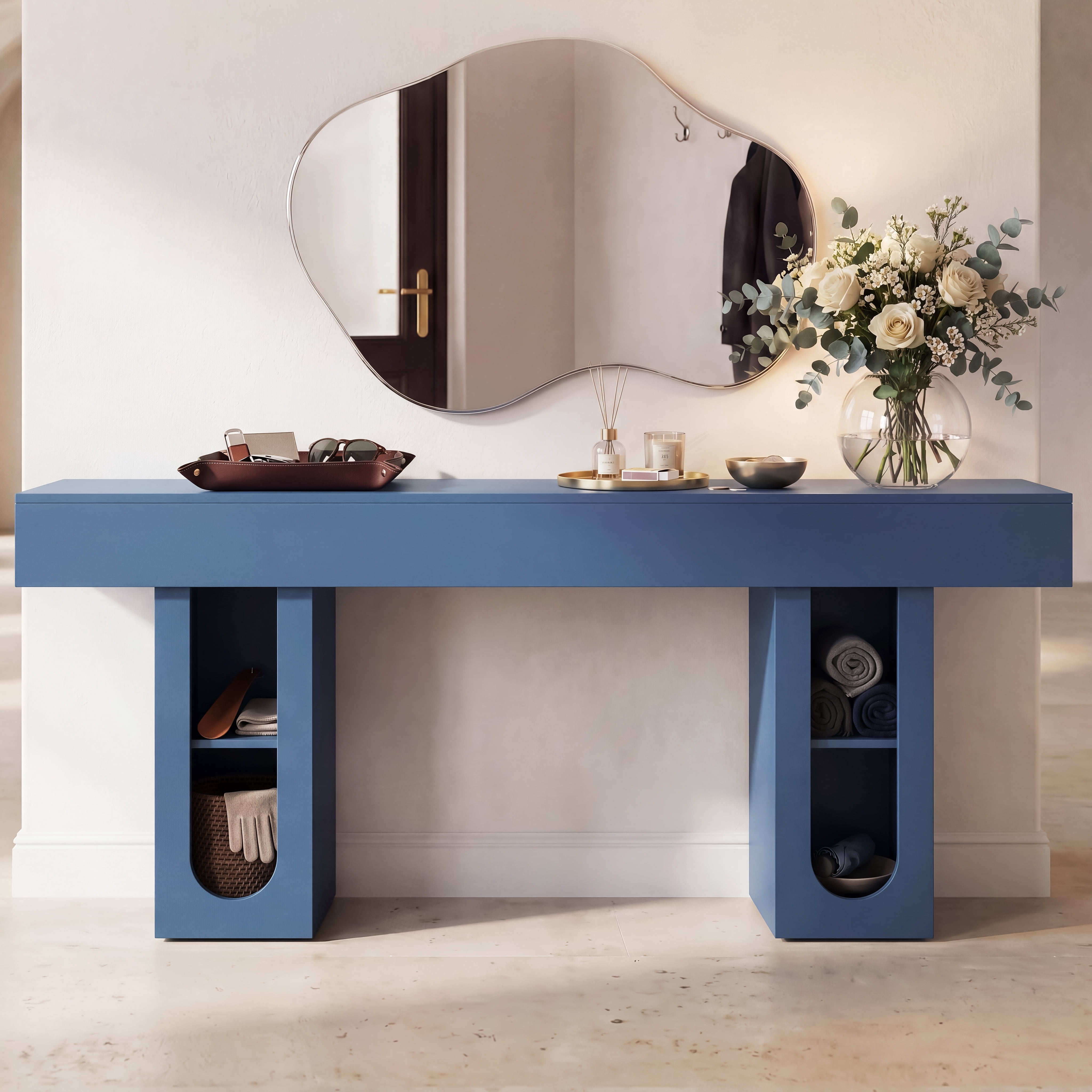 Mintazer 63" Modern U-Shaped Console Table with Charge Station, Entryway Table with Storage Shelves, Sofa Table for Entryway Hallway Living Room, Blue
