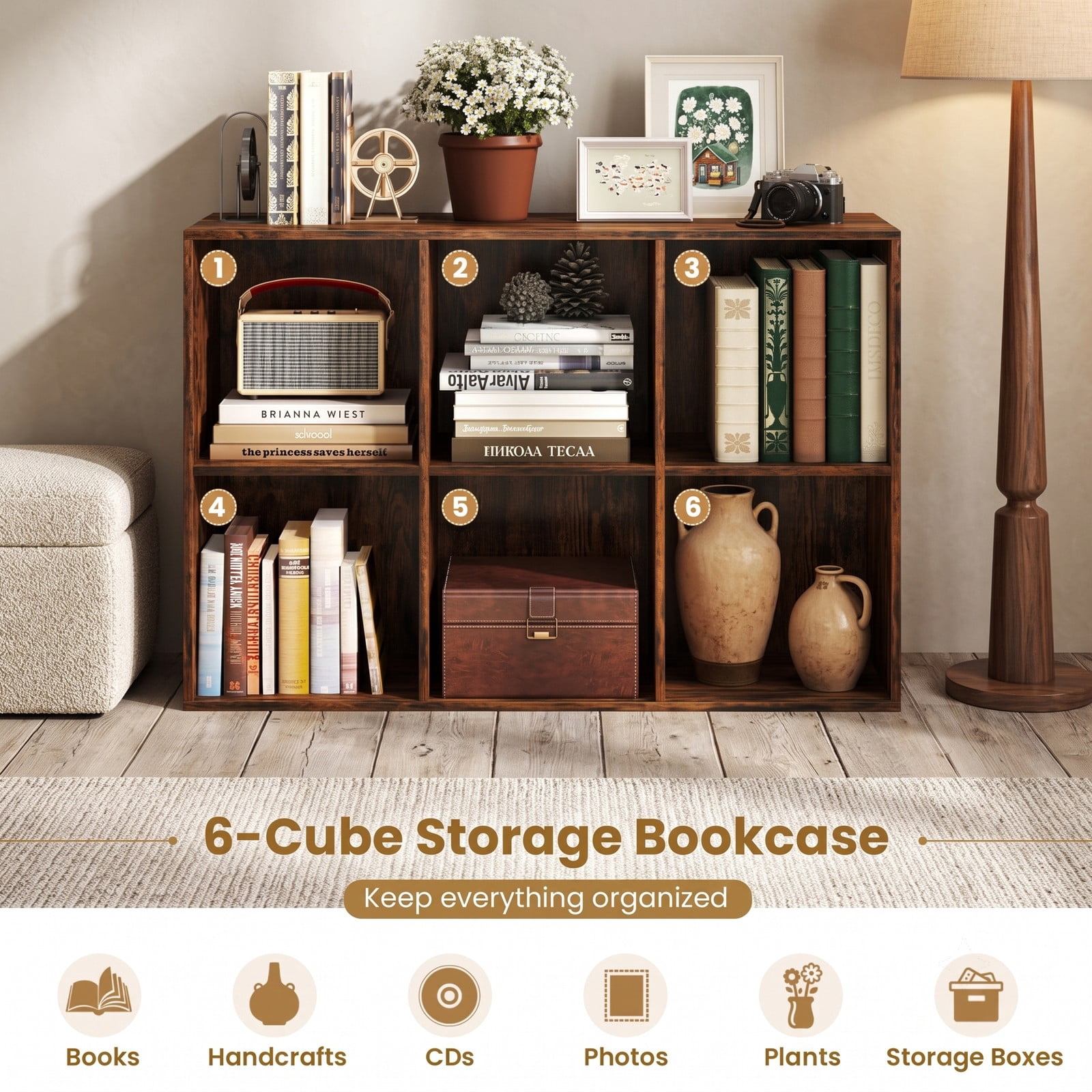 Furnibear 6-Cube Bookcase Storage Organizer with Anti-Tipping Kits, Engineered Wood Cube Bookshelf Display Shelf for Bedroom Living Room Study Room, Rustic Brown