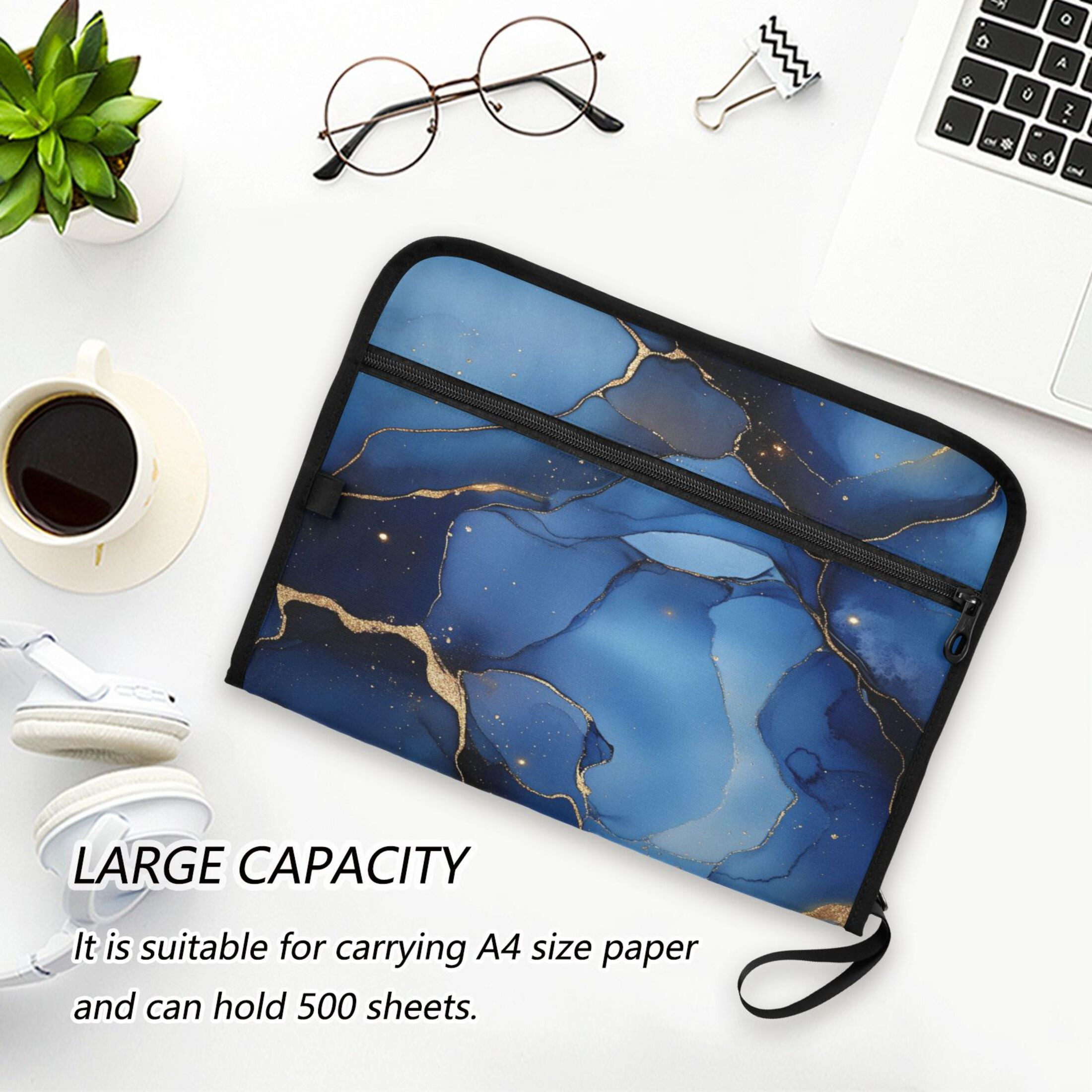 WOBOGO Gilt Navy Blue Marbles Expanding File Folder Letter Size Accordion Filing Organizer 13 Pocket Separate Organ Pocket