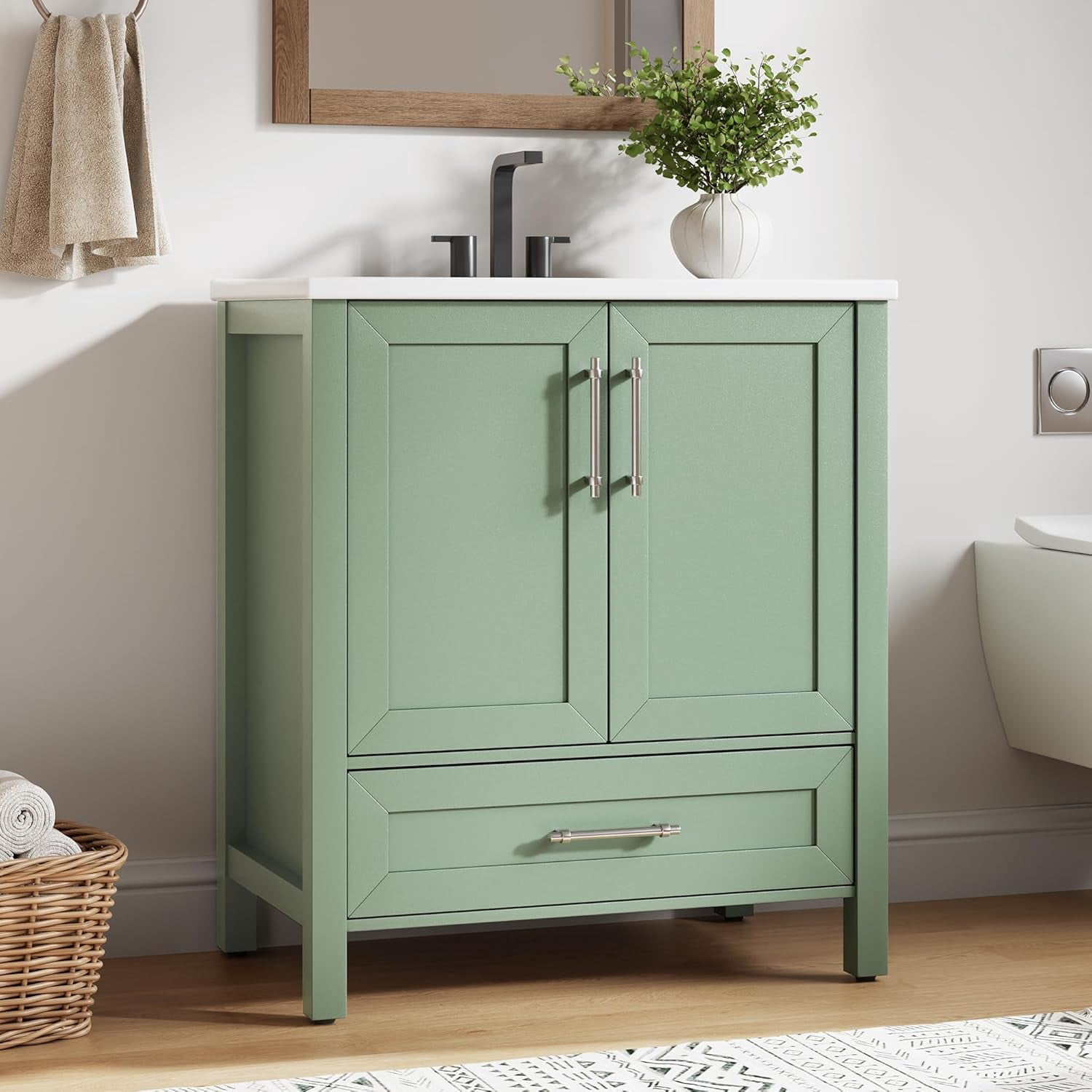 30" Bathroom Vanity with Sink, Vintage Bathroom Cabinet Vanity with Doors & Drawers, Farmhouse Wooden Freestanding Bathroom Cabinet with Top
