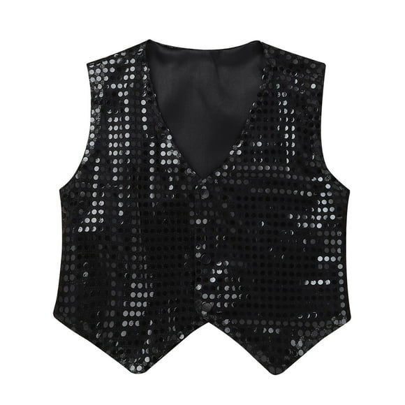 MSemis Kids Boys Girls Shiny Sequins Jazz Disco Dance Costume Vest Top Waistcoat for Stage Performance Black 140