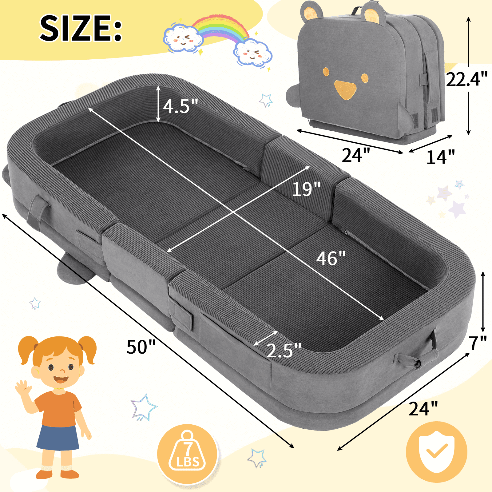 LIFERUN Foldable Toddler Travel Bed, Portable Toddler Floor Bed for Baby and Kids Aged 1-4, with Washable Cover, Safety Rail, for Home, Hotel, Camping