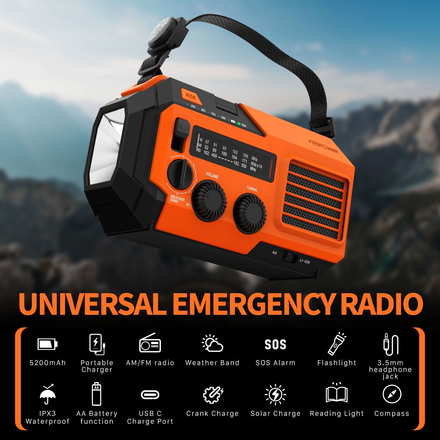 FosPower 5200mAh Solar Powered Emergency Weather Radio A6 with Hand Crank & LED Flashlight, Orange